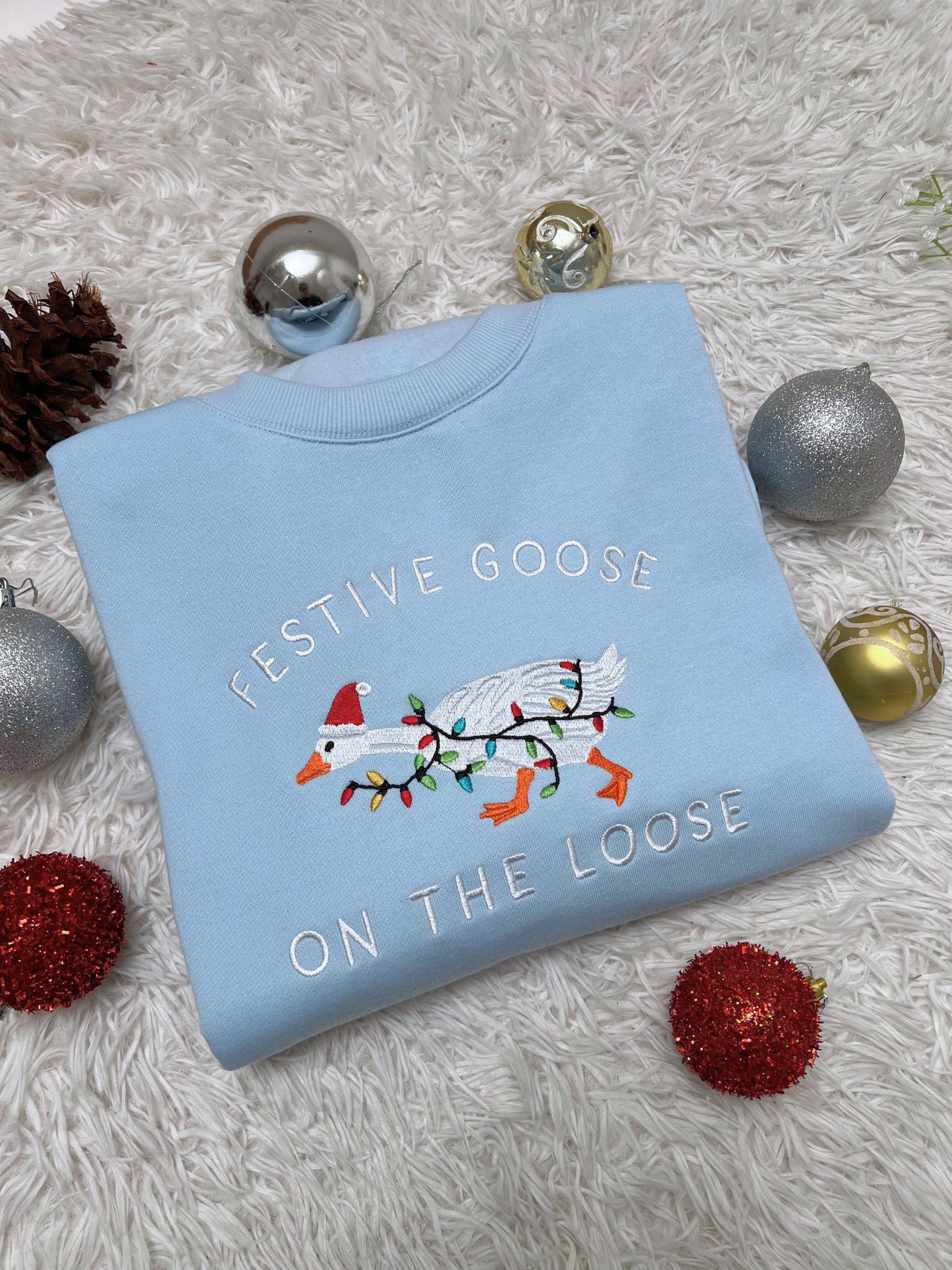 Festive Goose On The Loose Sweatshirt, Funny Christmas Goose Shirt, Embroidered Holiday Crewneck, Ugly Sweater Party Sweatshirt
