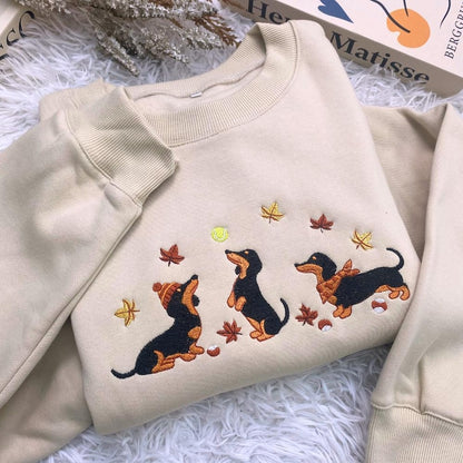 Autumn Leaves Dachshund Embroidered Sweatshirt, Cozy Wiener Dog Lover Crewneck, Fall Dog Mom Gift Top