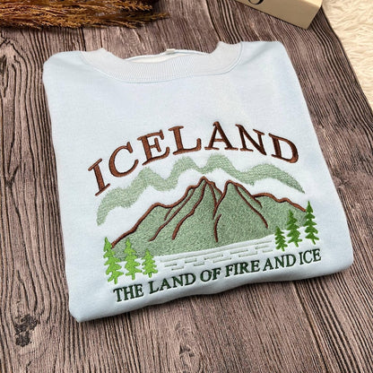 Embroidered Iceland Sweatshirt | Land of Fire and Ice Crewneck | Nordic Adventure Sweater | Cozy Winter Travel Gift