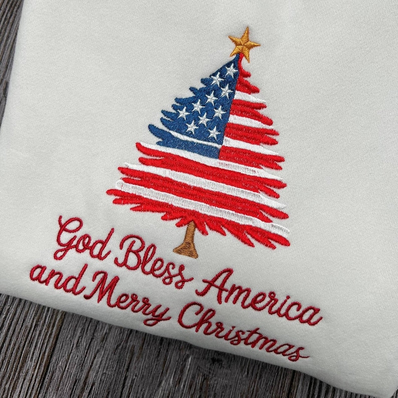Patriotic Christmas Tree Embroidered Shirt | USA Flag Holiday Tee | Festive New Year Embroidered Top | Christmas Gift