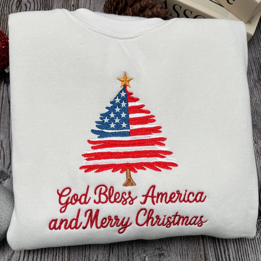 Patriotic Christmas Tree Embroidered Shirt | USA Flag Holiday Tee | Festive New Year Embroidered Top | Christmas Gift