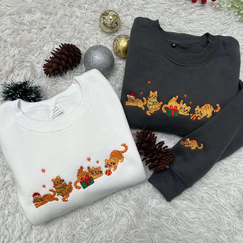 Orange Cat Embroidered Christmas Sweatshirt | Funny Holiday Crewneck | Cute Cozy Cat Lover Sweater | Embroidered Xmas Gift