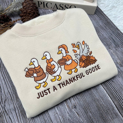Just a Thankful Goose Embroidered Shirt | Silly Goose Thanksgiving Tee | Funny Fall Embroidered Top for Family and Friends