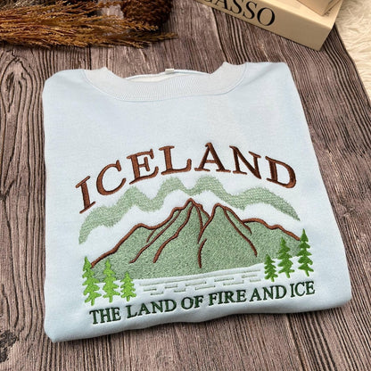 Embroidered Iceland Sweatshirt | Land of Fire and Ice Crewneck | Nordic Adventure Sweater | Cozy Winter Travel Gift