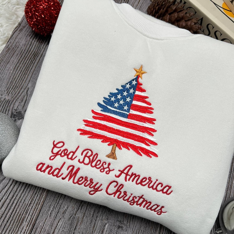 Patriotic Christmas Tree Embroidered Shirt | USA Flag Holiday Tee | Festive New Year Embroidered Top | Christmas Gift
