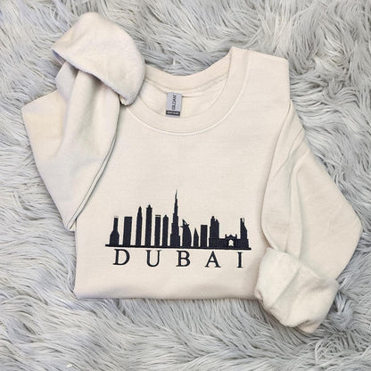Dubai Skyline Embroidered Crewneck Sweatshirt: Travel Apparel
