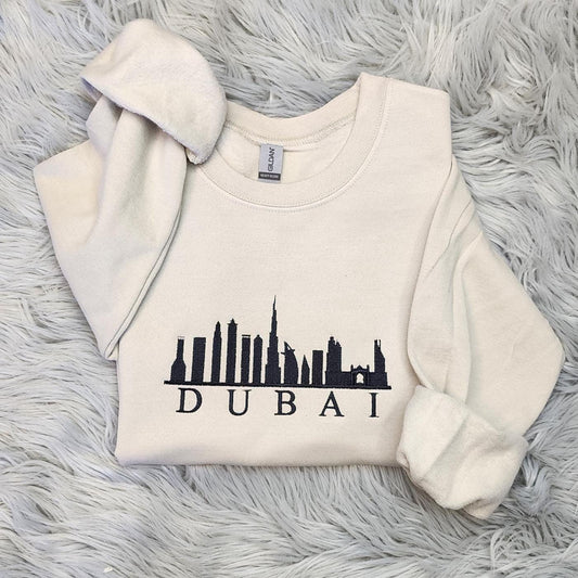 Dubai Skyline Embroidered Crewneck Sweatshirt: Travel Apparel