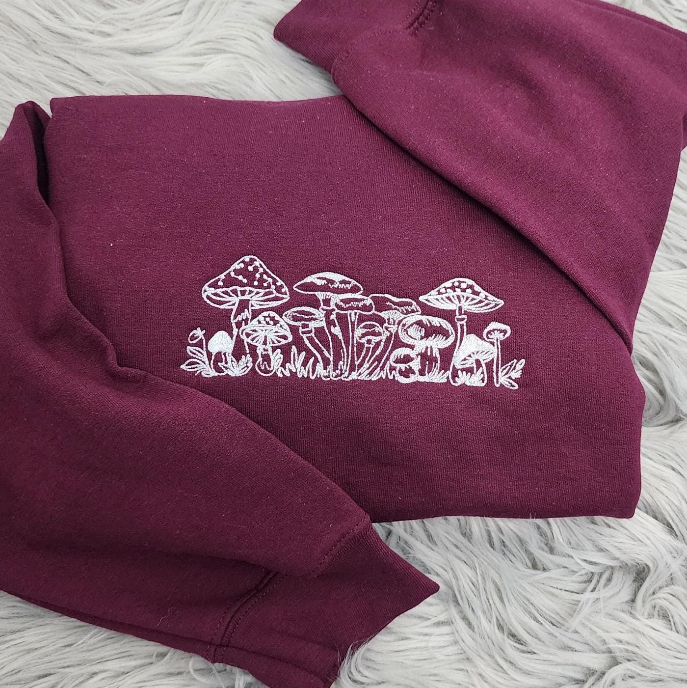 Embroidered Magic Mushrooms Crewneck: Nature-Inspired Fungi Sweatshirt