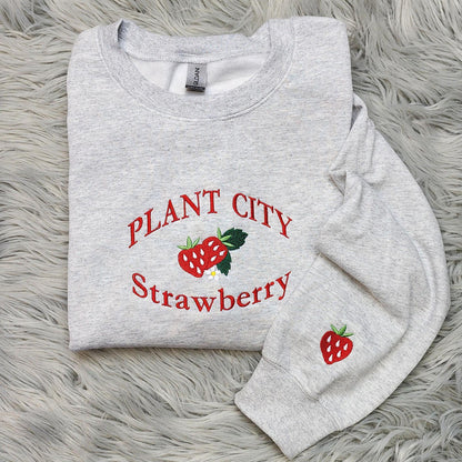 Plant City Strawberry Embroidered Crewneck with Sleeve Embroidery : Festival Sweatshirt