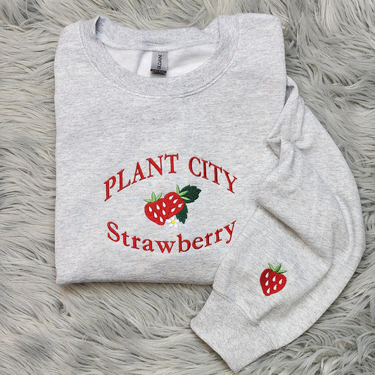 Plant City Strawberry Embroidered Crewneck with Sleeve Embroidery : Festival Sweatshirt