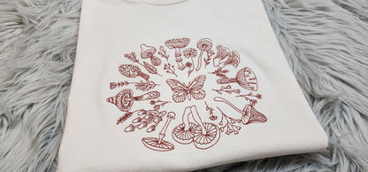 Embroidered Mushroom Forest Crewneck: Nature-Inspired Sweatshirt, Fairy Magic Wildflower Circle