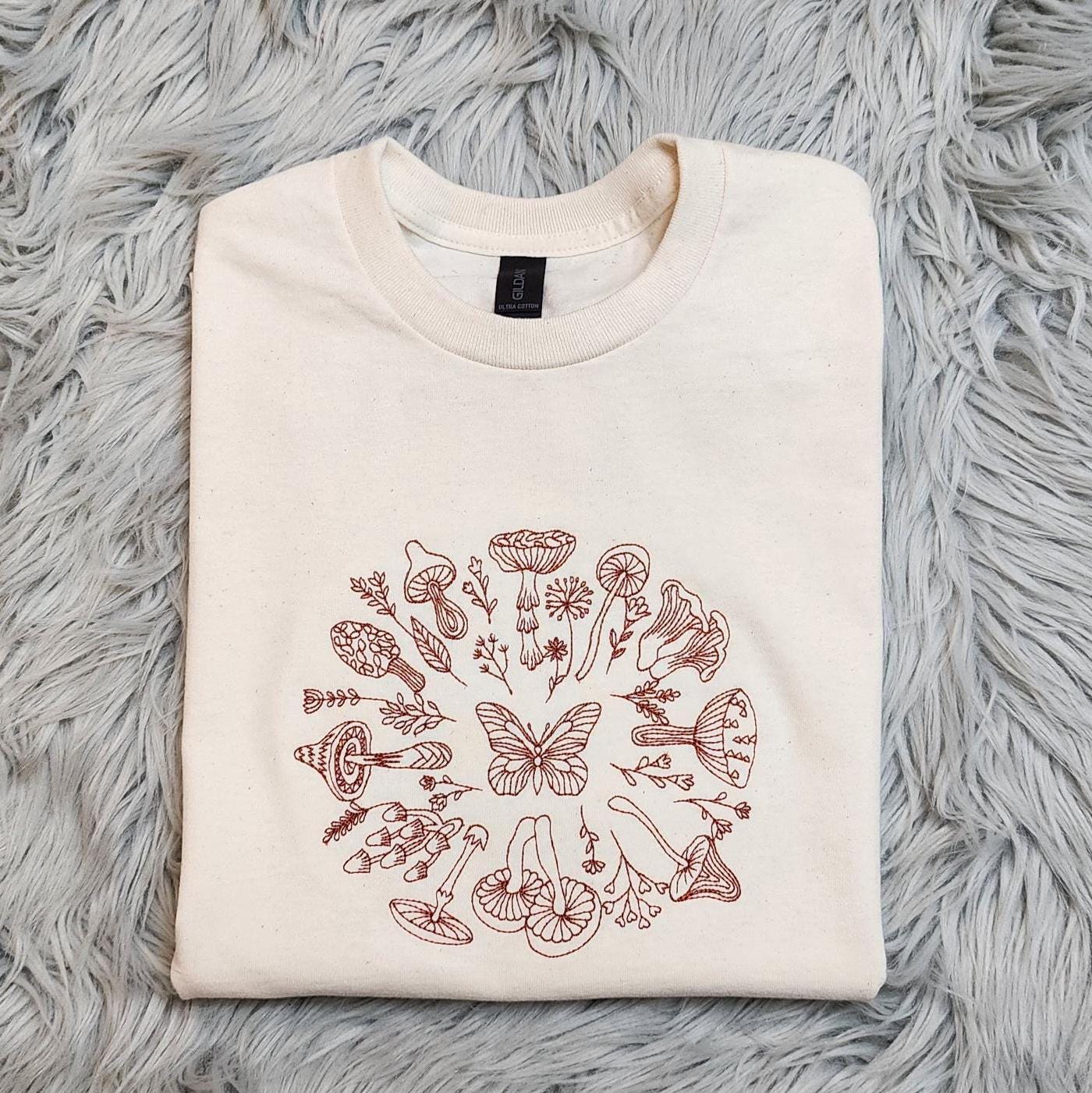Embroidered Mushroom Forest Crewneck: Nature-Inspired Sweatshirt, Fairy Magic Wildflower Circle
