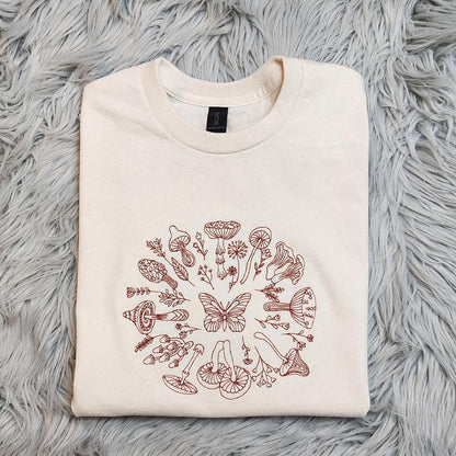 Embroidered Mushroom Forest Crewneck: Nature-Inspired Sweatshirt, Fairy Magic Wildflower Circle