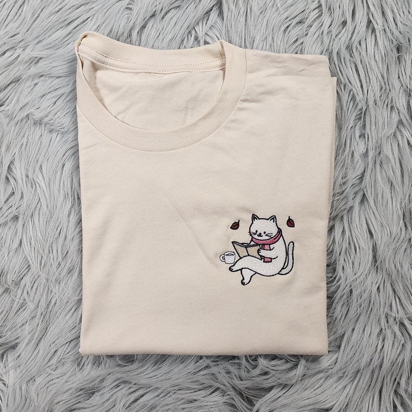 Embroidered Cat Reading Book Crewneck: Cozy Bookworm Sweatshirt, Bookish Shirt