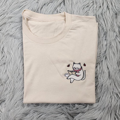 Embroidered Cat Reading Book Crewneck: Cozy Bookworm Sweatshirt, Bookish Shirt