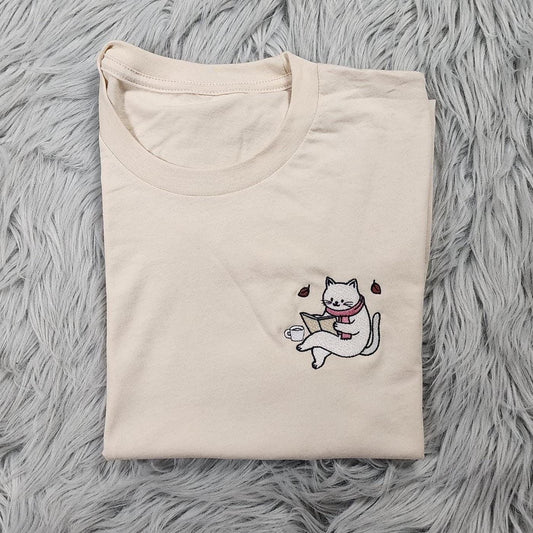 Embroidered Cat Reading Book Crewneck: Cozy Bookworm Sweatshirt, Bookish Shirt