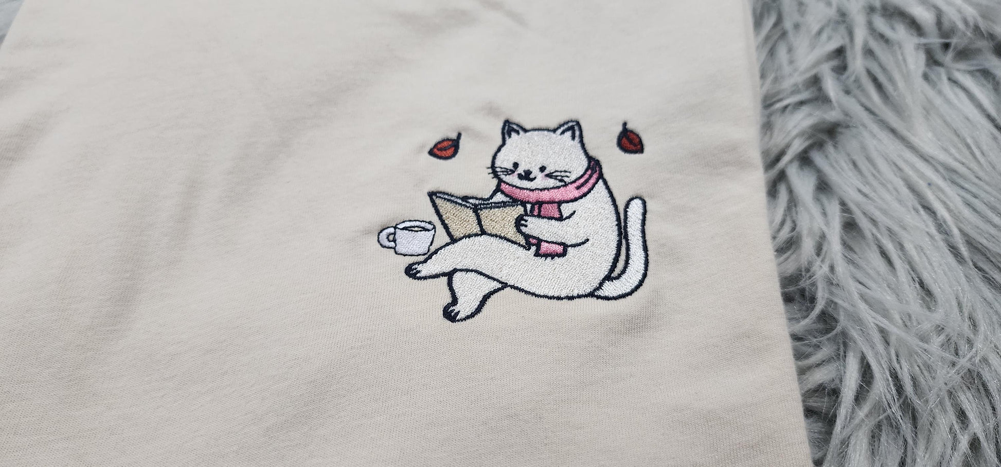 Embroidered Cat Reading Book Crewneck: Cozy Bookworm Sweatshirt, Bookish Shirt