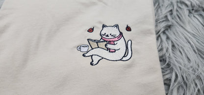 Embroidered Cat Reading Book Crewneck: Cozy Bookworm Sweatshirt, Bookish Shirt