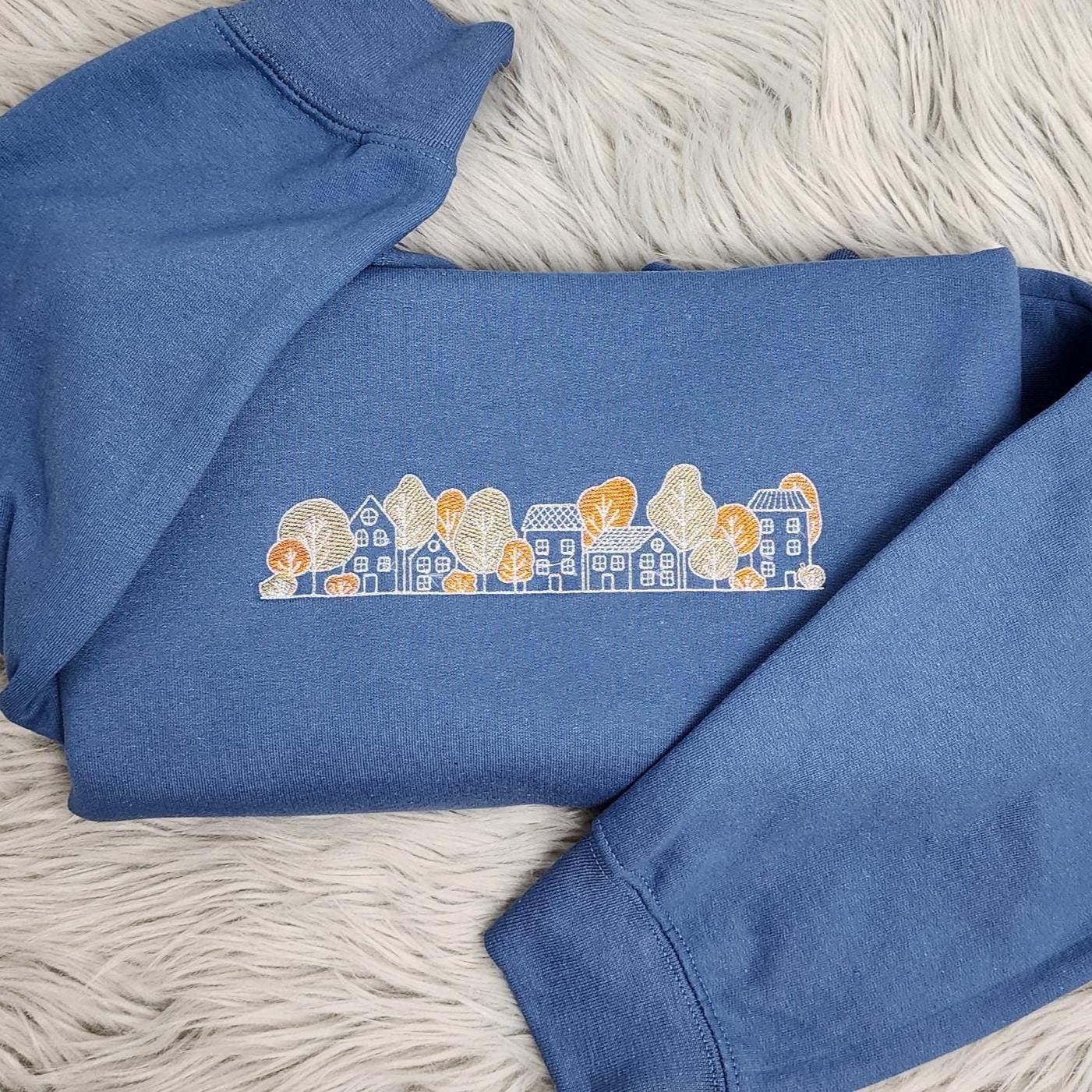 Embroidered Autumn Village Sweatshirt: Cozy Fall Town Crewneck Pullover