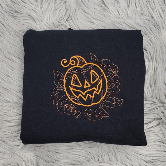 Embroidered Jack-O'-Lantern Halloween Crewneck Sweatshirt: Spooky Pumpkin Face