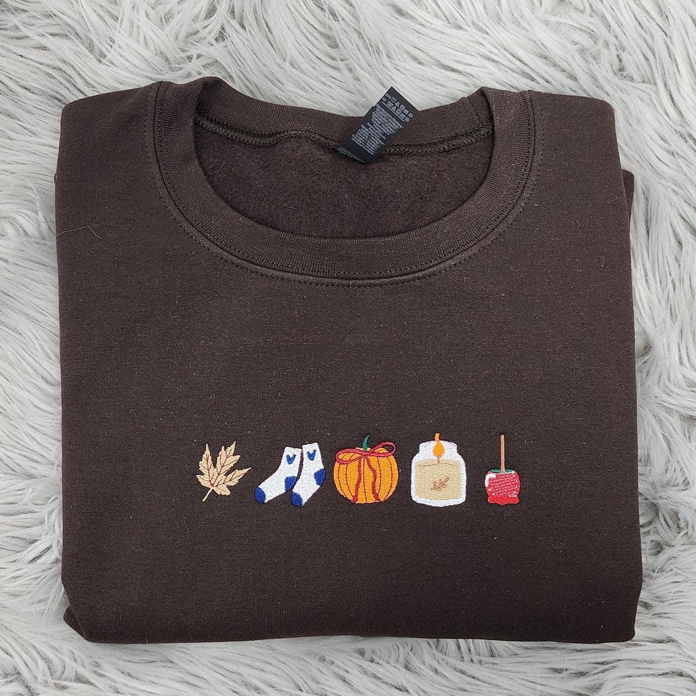 Embroidered Fall Icons Crewneck Sweatshirt: Cozy Autumn Vibes ,  Pumpkin Spice and Cozy Season