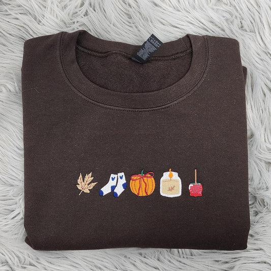 Embroidered Fall Icons Crewneck Sweatshirt: Cozy Autumn Vibes ,  Pumpkin Spice and Cozy Season