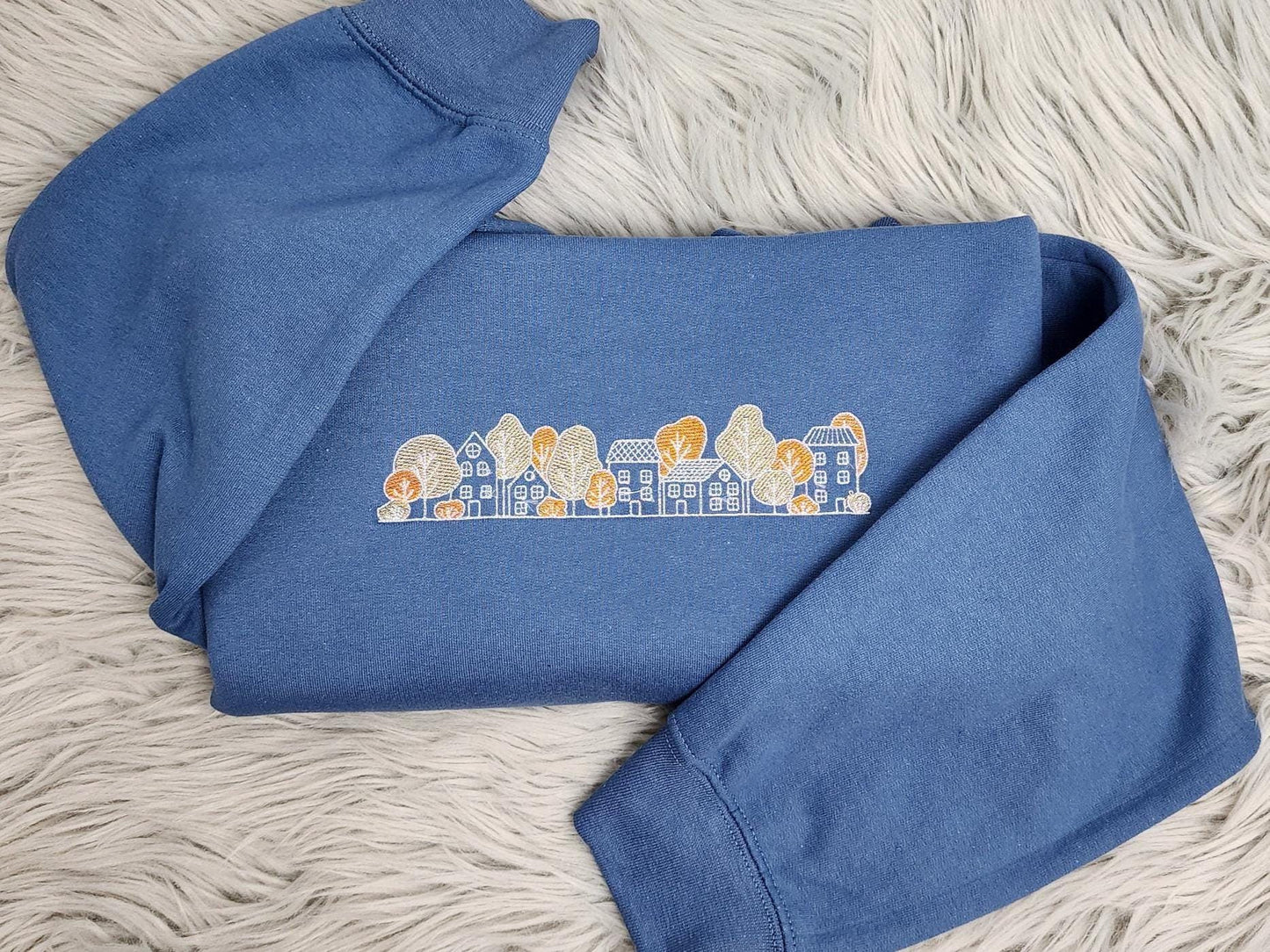 Embroidered Autumn Village Sweatshirt: Cozy Fall Town Crewneck Pullover