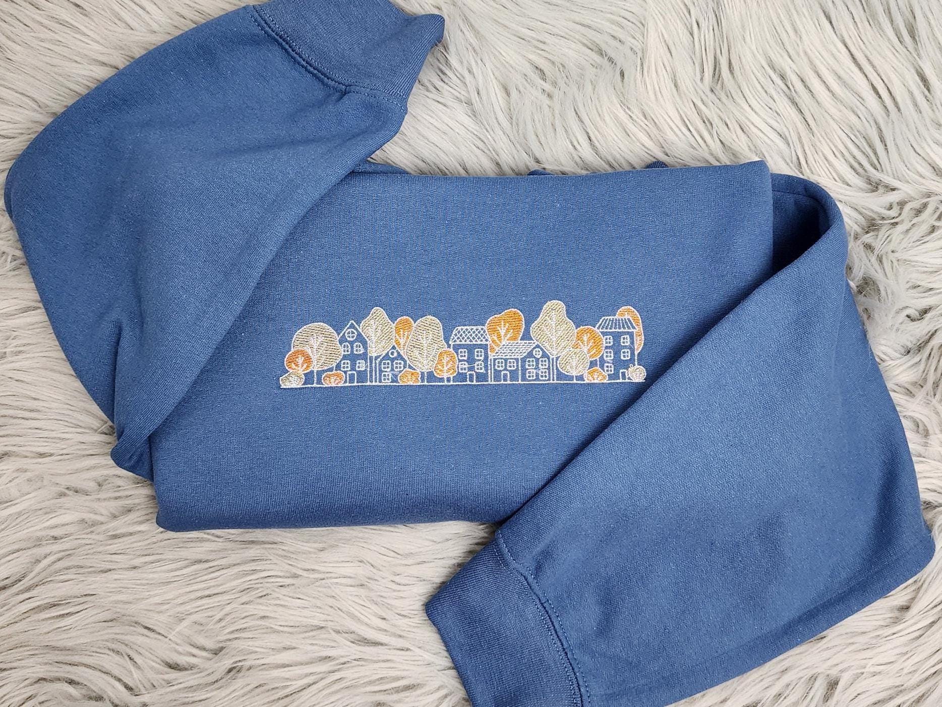Embroidered Autumn Village Sweatshirt: Cozy Fall Town Crewneck Pullover