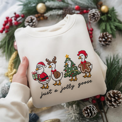 Christmas Goose Embroidered Sweatshirt, Festive Goose in Santa, Reindeer, Tree, Gingerbread Outfits, Funny Holiday Sweatshirt,Christmas Gift