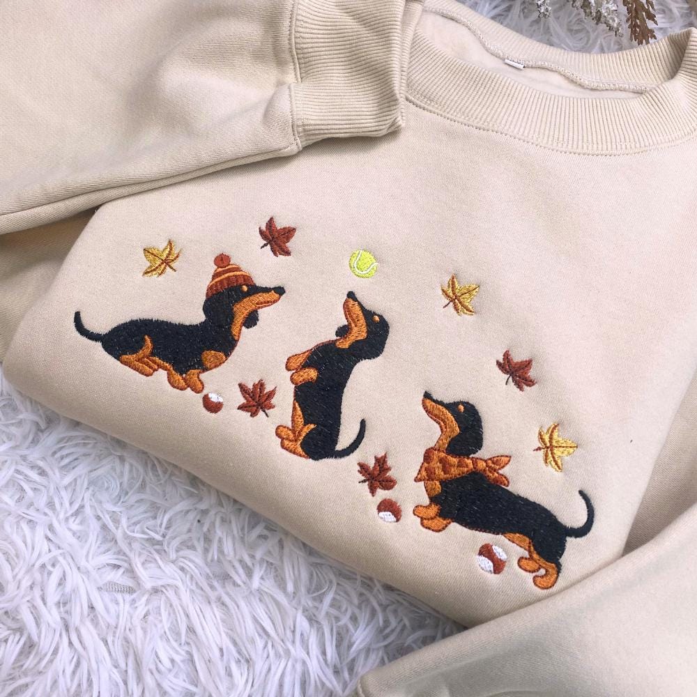 Dachshund Embroidered Sweatshirt, Fall Autumn Leaves Dog Lover Crewneck, Wiener Dog Embroidery Gift Top