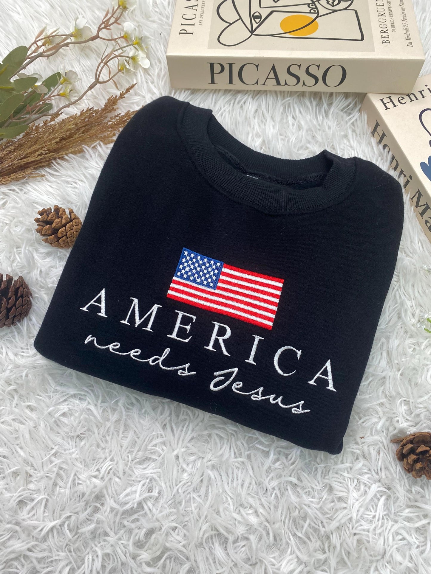 Christian Patriotic Embroidered Sweatshirt, America Needs Jesus Shirt, Conservative Republican, Men Women Faith Apparel, God Bless The USA