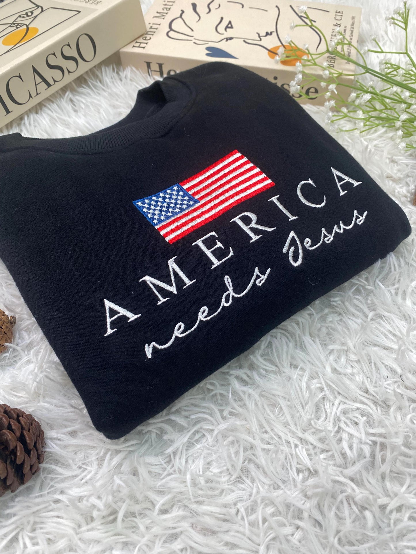 Christian Patriotic Embroidered Sweatshirt, America Needs Jesus Shirt, Conservative Republican, Men Women Faith Apparel, God Bless The USA