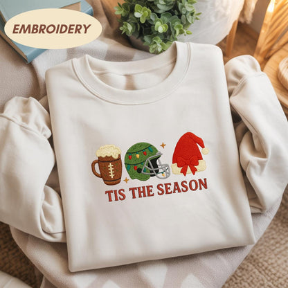 Christmas Football Santa Hat Embroidered Shirt, Sports Xmas Tee, Funny Football Christmas Shirt, Football Lovers Gift, Football Team Tee