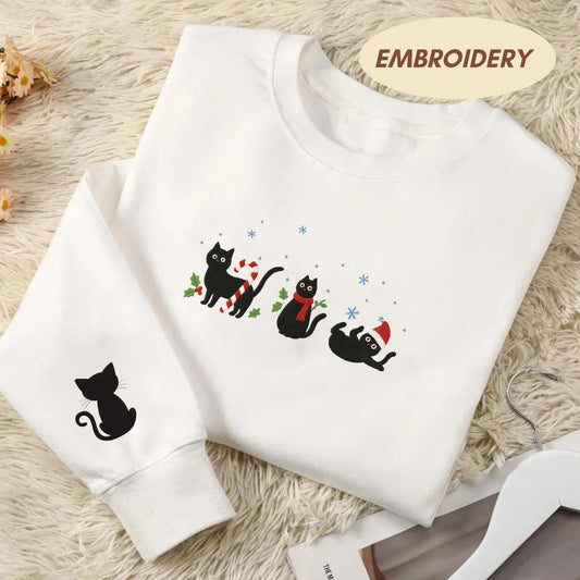 Christmas Cat Embroidered Sweatshirt, Happy Cat Year Shirt, Christmas Cat Shirt, Cats Sweatshirt, Cat Lover Christmas Shirt, Black Cat Shirt