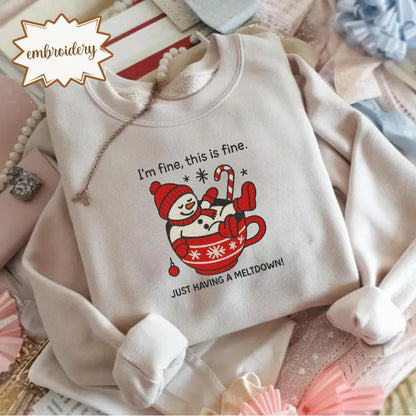 Funny Quote Snowman Embroidered Shirt, Cute Christmas Embroidery Sweatshirt, Hot Cocoa Winter Embroidery Tee