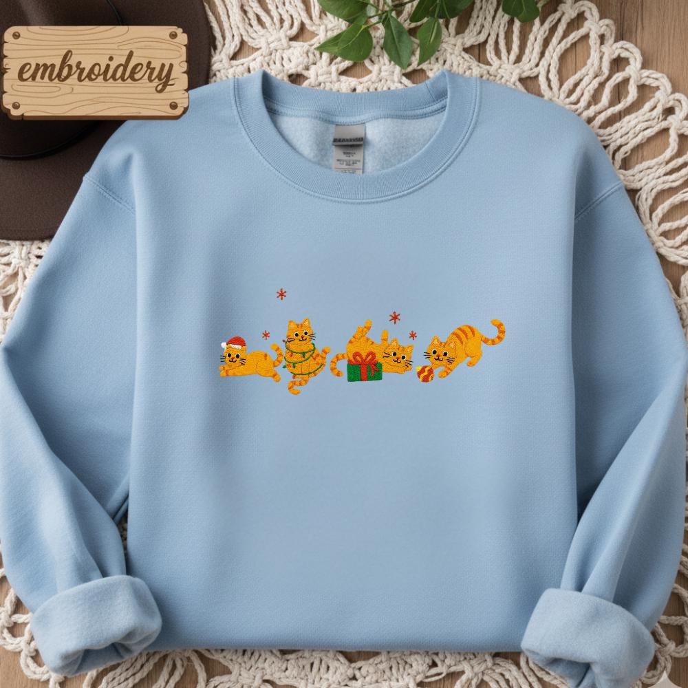 Orange Cat Embroidered Christmas Sweatshirt | Funny Holiday Hoodie | Cute Cozy Cat Lover Embroidered Christmas Sweater