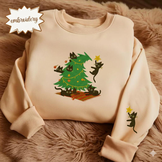Catmas Embroidered Christmas Sweatshirt, Cute Cat Lover Shirt, Meowy Christmas Hoodie, Cozy Embroidery Sweater, Gift for Cat Mom