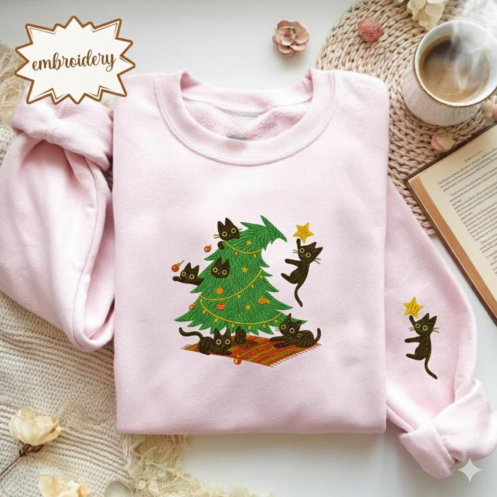 Catmas Embroidered Christmas Sweatshirt, Cute Cat Lover Shirt, Meowy Christmas Hoodie, Cozy Embroidery Sweater, Gift for Cat Mom