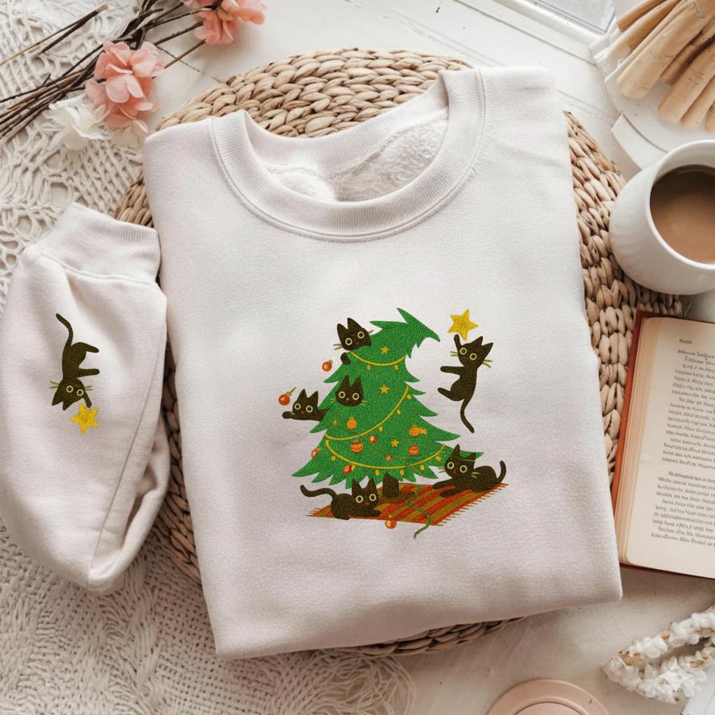 Catmas Embroidered Christmas Sweatshirt, Cute Cat Lover Shirt, Meowy Christmas Hoodie, Cozy Embroidery Sweater, Gift for Cat Mom