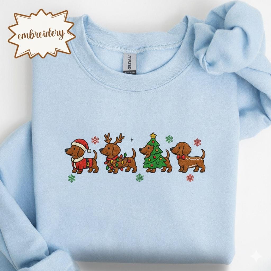 Christmas Dachshund Embroidered Sweatshirt | Holiday Dog Lover Embroidery Shirt | Cute Wiener Dog Christmas Sweater Gift