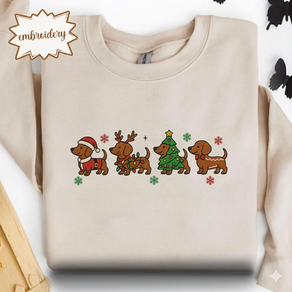 Christmas Dachshund Embroidered Sweatshirt | Holiday Dog Lover Embroidery Shirt | Cute Wiener Dog Christmas Sweater Gift