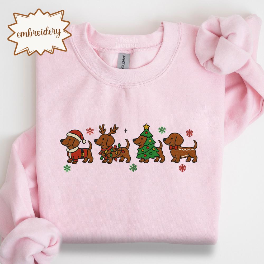 Christmas Dachshund Embroidered Sweatshirt | Holiday Dog Lover Embroidery Shirt | Cute Wiener Dog Christmas Sweater Gift