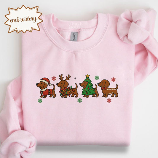 Christmas Dachshund Embroidered Sweatshirt | Holiday Dog Lover Embroidery Shirt | Cute Wiener Dog Christmas Sweater Gift