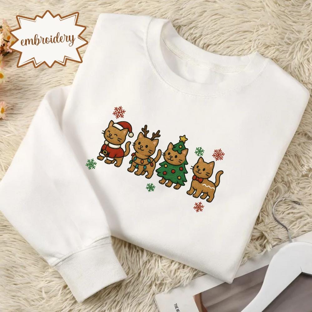 Christmas Cat Embroidered Sweatshirt | Funny Holiday Cat Lover Hoodie | Cozy Embroidery Shirt | Xmas Gift for Pet Owners