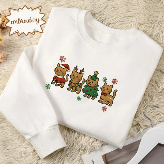 Christmas Cat Embroidered Sweatshirt | Funny Holiday Cat Lover Hoodie | Cozy Embroidery Shirt | Xmas Gift for Pet Owners