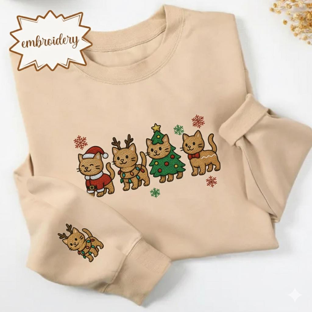 Christmas Cat Embroidered Sweatshirt | Funny Holiday Cat Lover Hoodie | Cozy Embroidery Shirt | Xmas Gift for Pet Owners