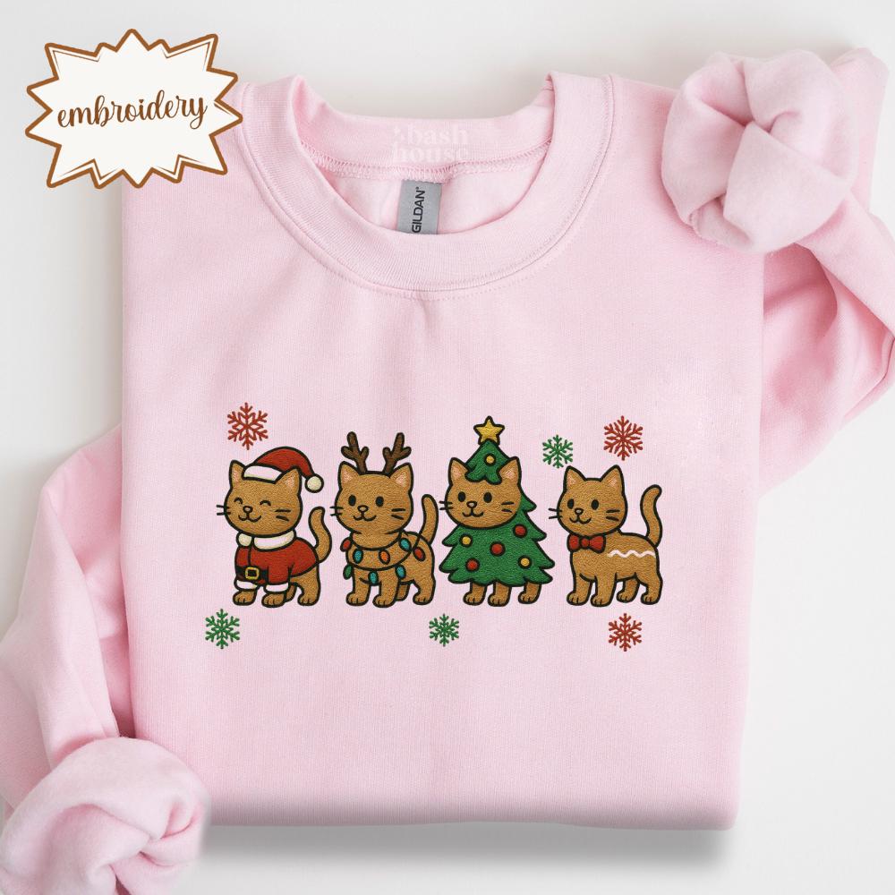 Christmas Cat Embroidered Sweatshirt | Funny Holiday Cat Lover Hoodie | Cozy Embroidery Shirt | Xmas Gift for Pet Owners
