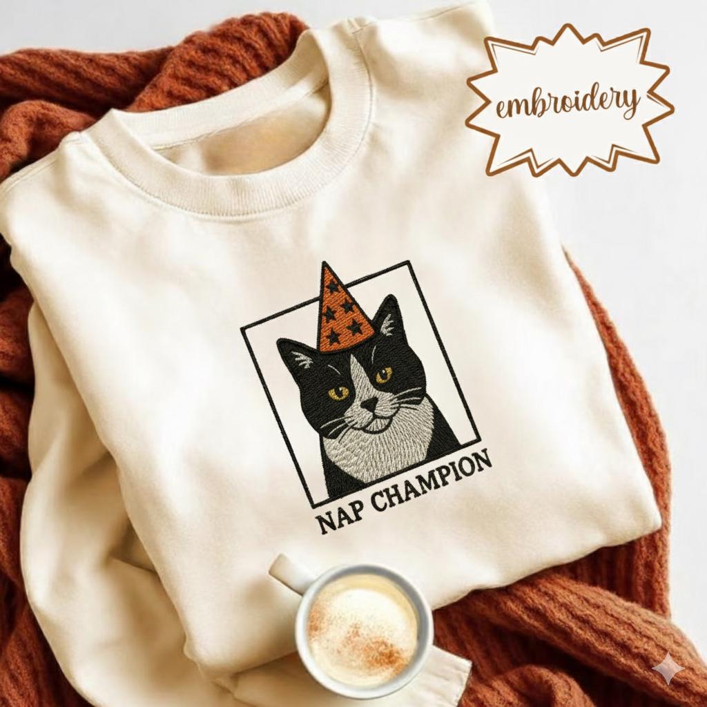 Embroidered Cat Nap Champion Sweatshirt | Vintage Silly Graphic Cat Lover Shirt | Funny Cozy Embroidery Tee | Cat Mom Gift