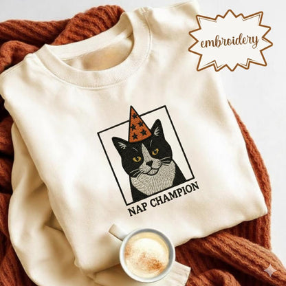 Embroidered Cat Nap Champion Sweatshirt | Vintage Silly Graphic Cat Lover Shirt | Funny Cozy Embroidery Tee | Cat Mom Gift