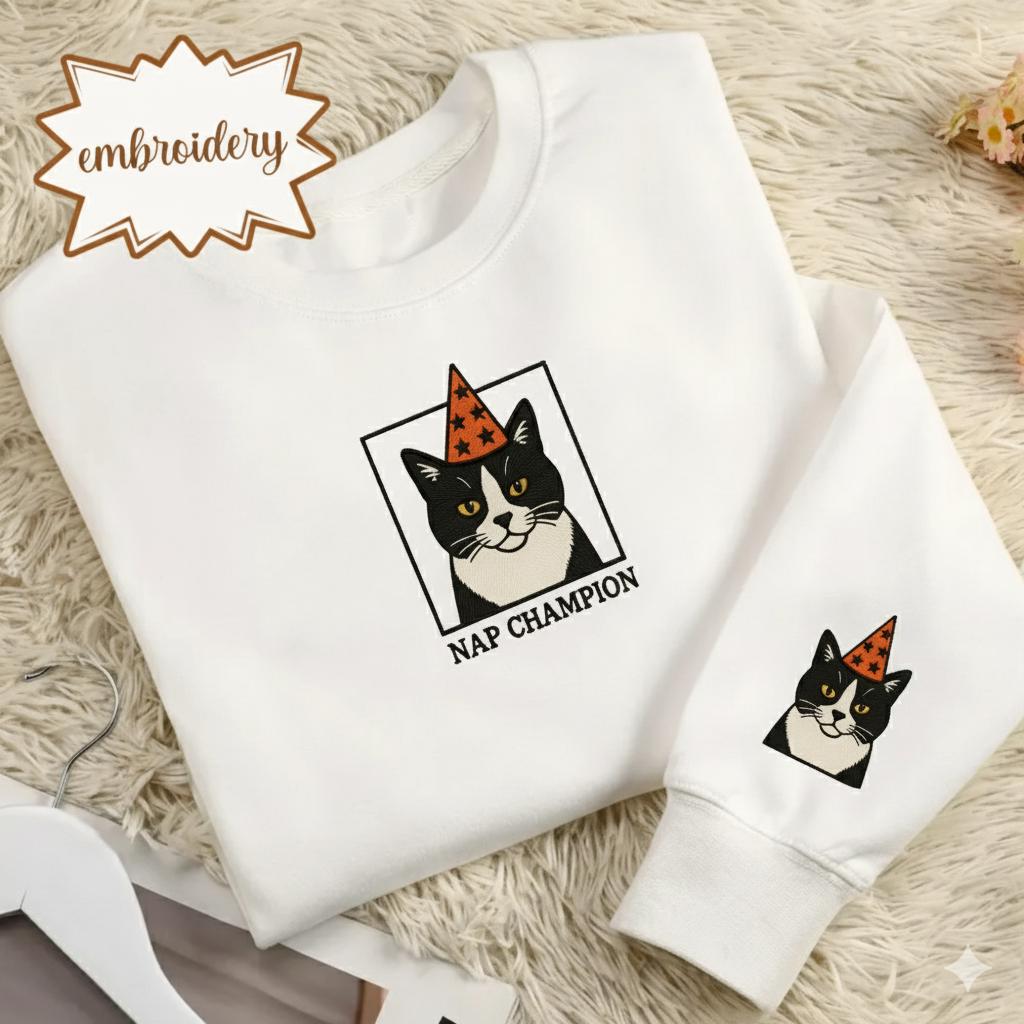 Embroidered Cat Nap Champion Sweatshirt | Vintage Silly Graphic Cat Lover Shirt | Funny Cozy Embroidery Tee | Cat Mom Gift